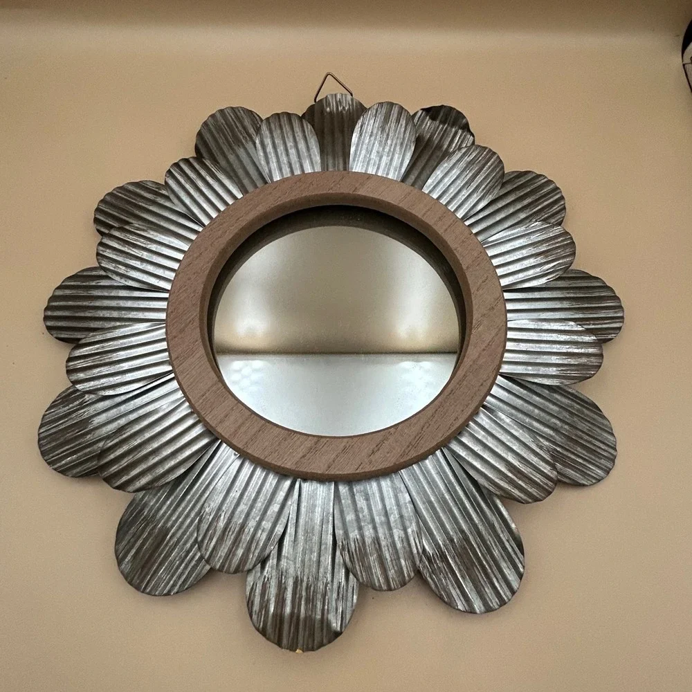 Galvanized Metal Flower Wall Mirror Rustic Farmhouse Corrugated Petals 13.5in